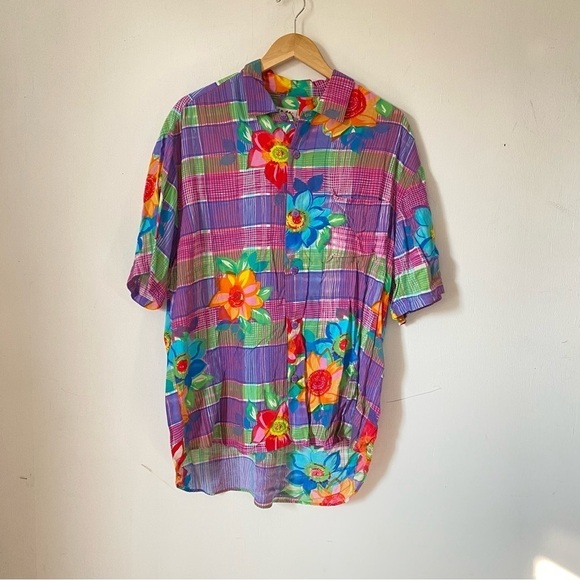 JAMS WORLD Hawaiian Shirt 80s Pop Art Bold Floral Colorful Plaid Print Large - Picture 11 of 11